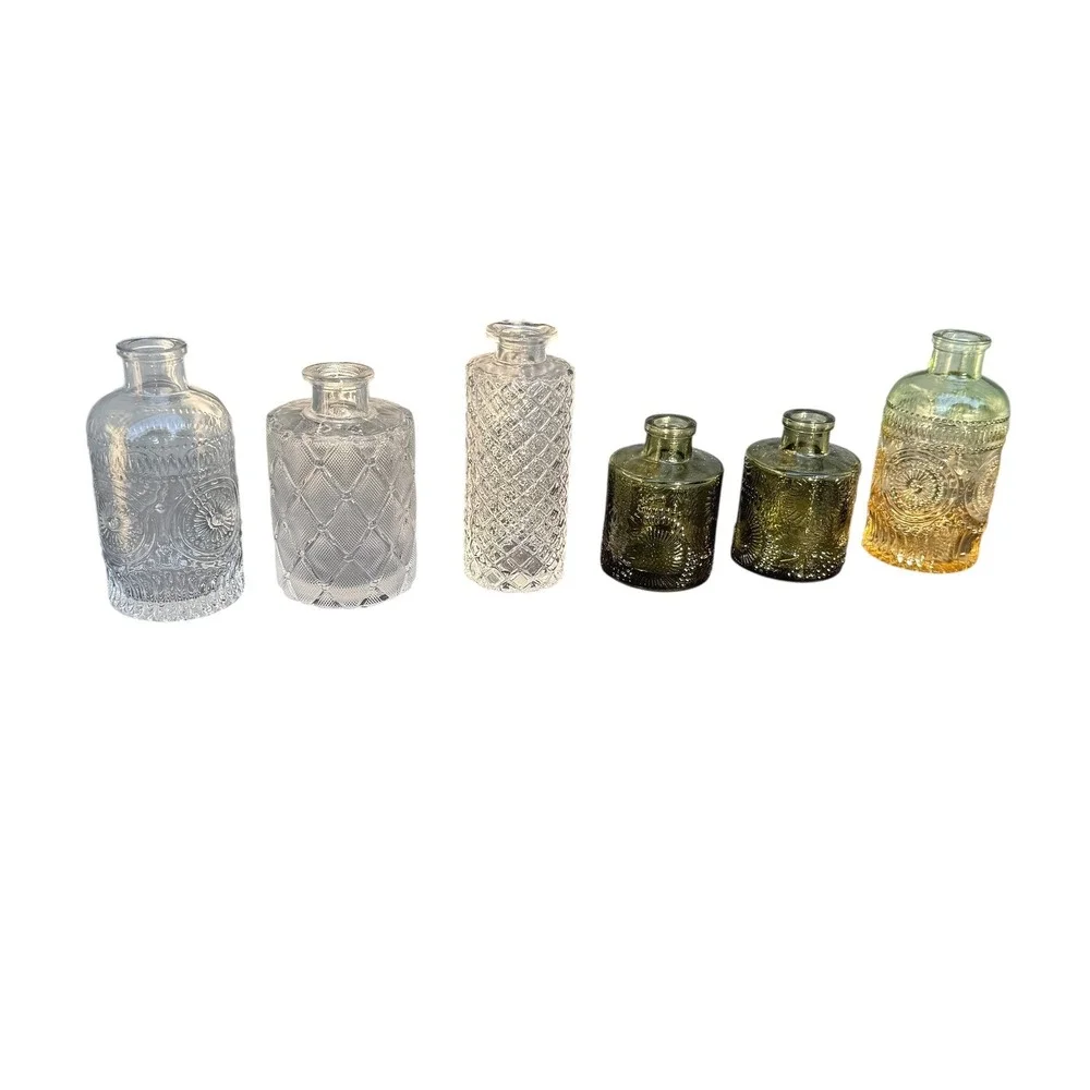 Wildmos Home Decor Assorted Glass Bud Vases Set of 6 Green Amber Clear Textured